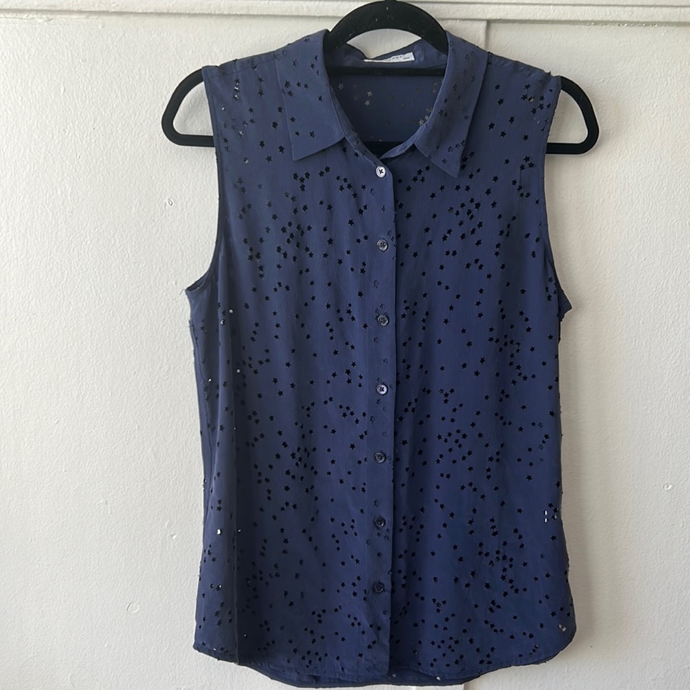 Equipment Femme Navy Blue Sleeveless Collared button Down Top with Star Cut Outs